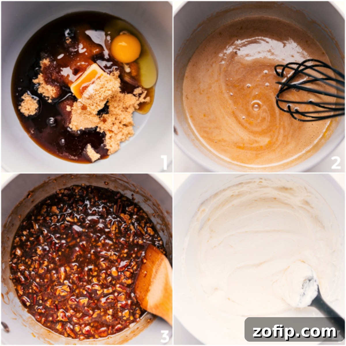 A visual guide showing the pecan mixture melting on the stove, alongside the creamy base being mixed, illustrating the preparation steps for Pecan Pie Dip.