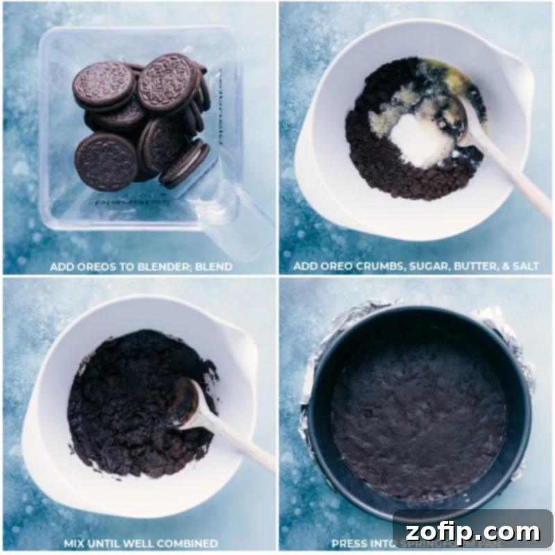 Step-by-step images showing the Oreo crust being prepared and pressed firmly into the pan.