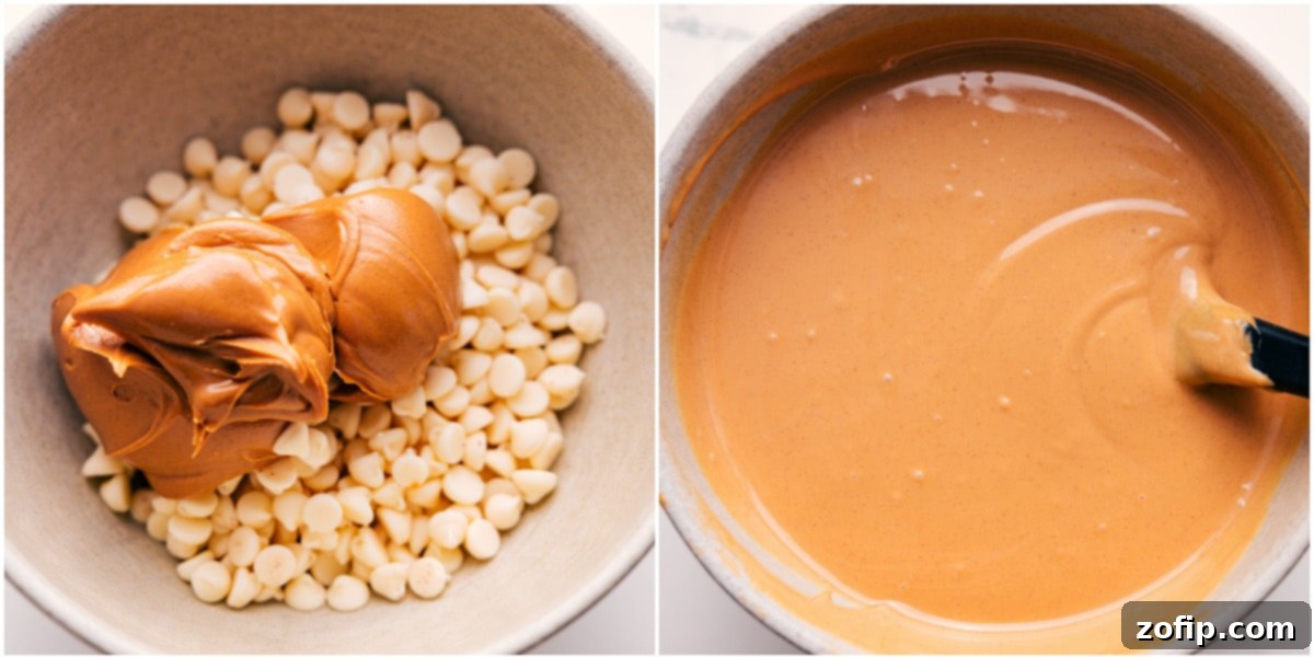 Melting the white chocolate chips and creamy peanut butter together in a microwave-safe bowl for these delightful white chocolate pretzel clusters.