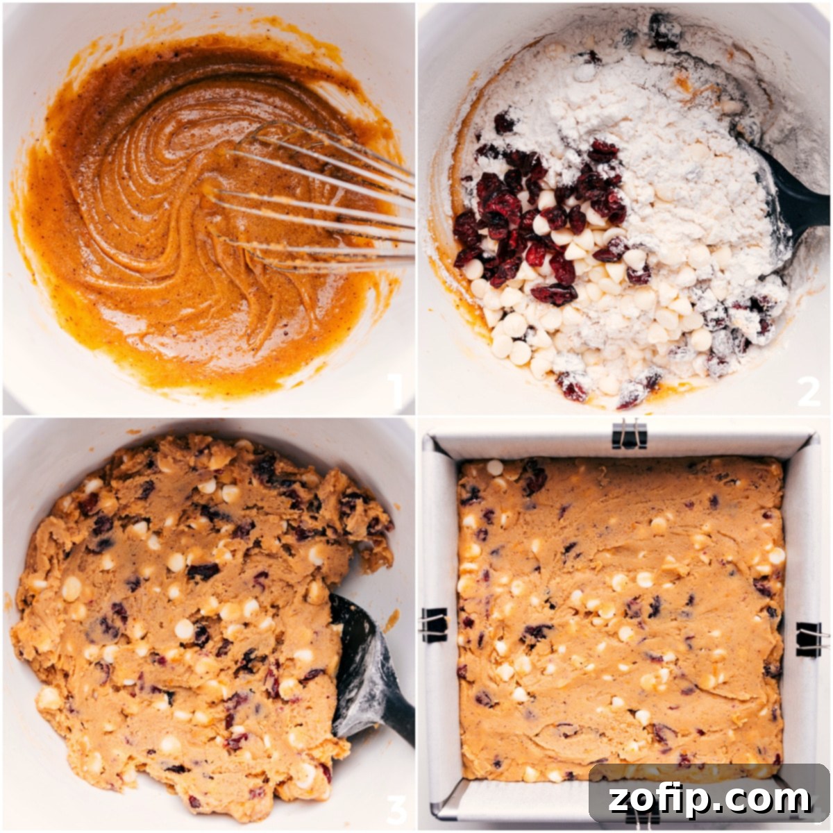 Making the cranberry bliss bars dough base and spread into the base of a pan to bake.