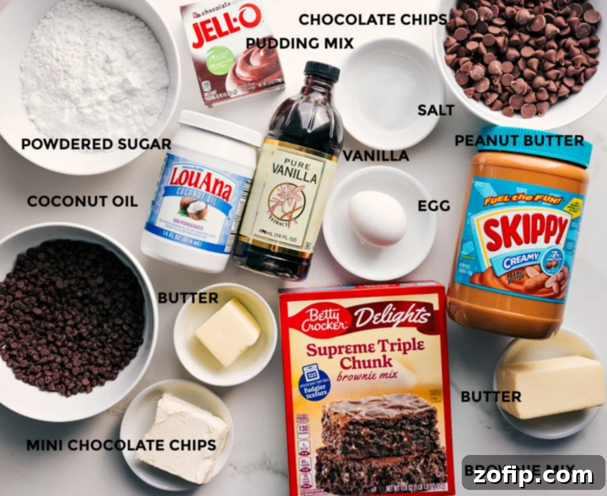 Ingredients for Buckeye Brownie Cookies, including brownie mix, peanut butter, and chocolate chips.