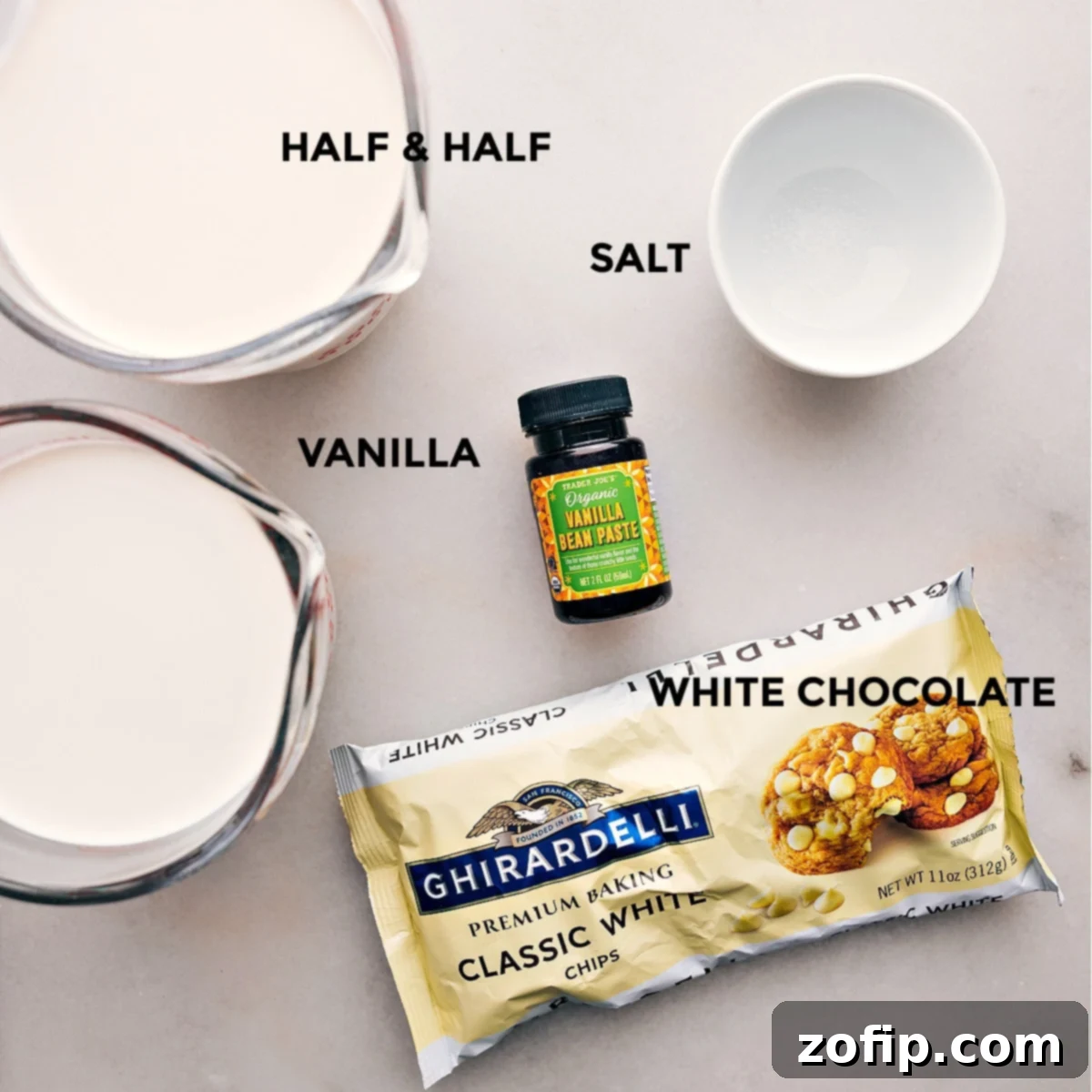 Ingredients for White Hot Chocolate laid out on a table.