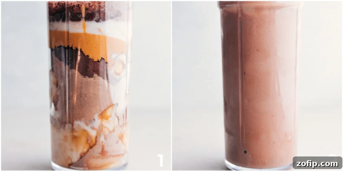 All the ingredients for this chocolate banana protein shake added to a blended and it all being blended together.