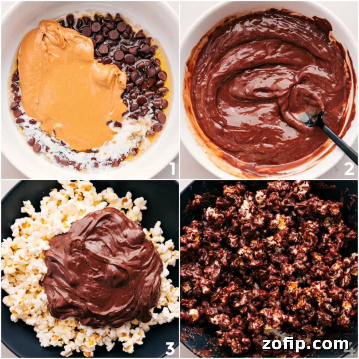 Close-up of the melted chocolate, peanut butter, and butter mixture being poured over a large bowl of freshly popped popcorn, illustrating the coating process for Popcorn Puppy Chow.