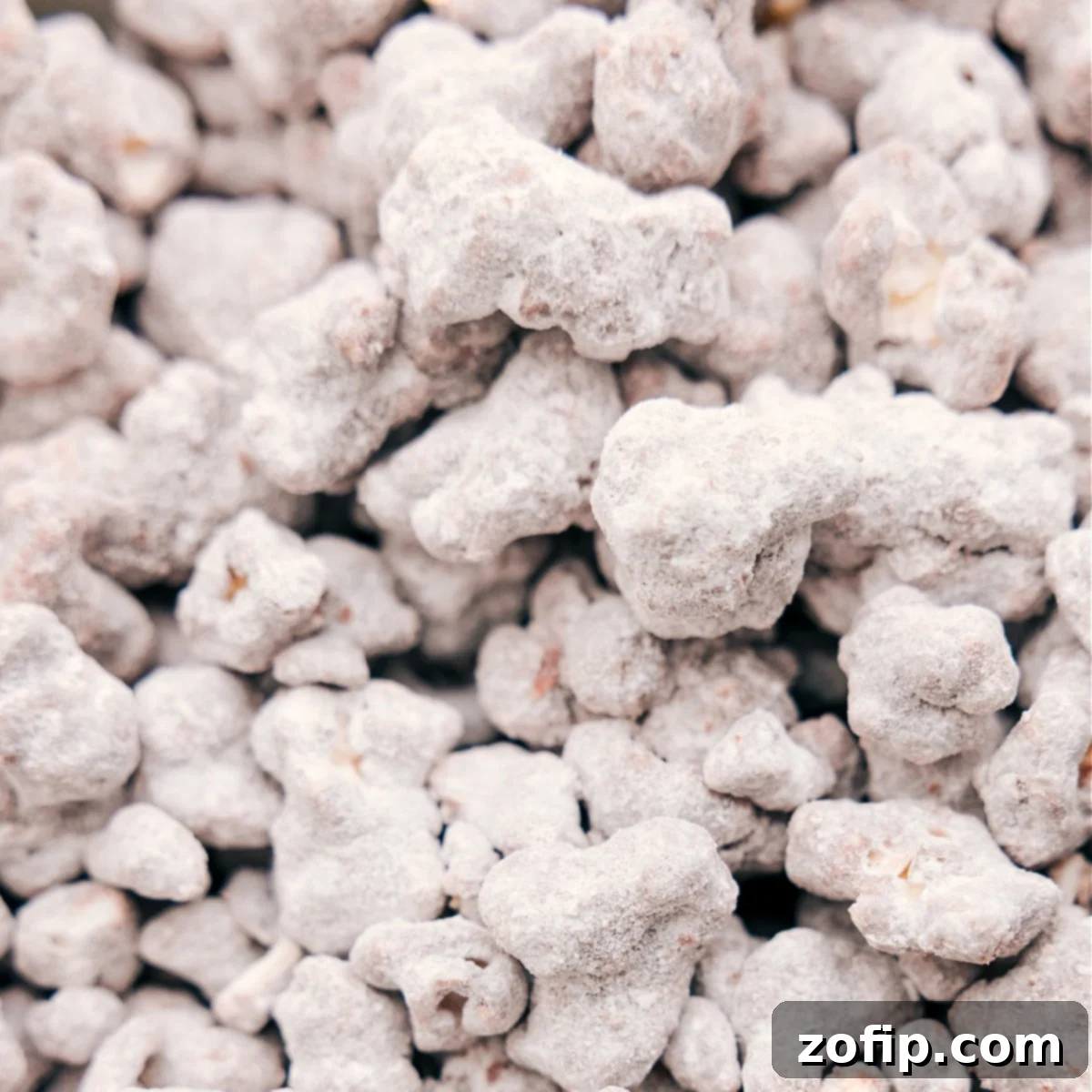 A generous serving of Popcorn Puppy Chow presented in a decorative bowl, showcasing the perfect coating and inviting texture, ready to be enjoyed as the ultimate snack mix.