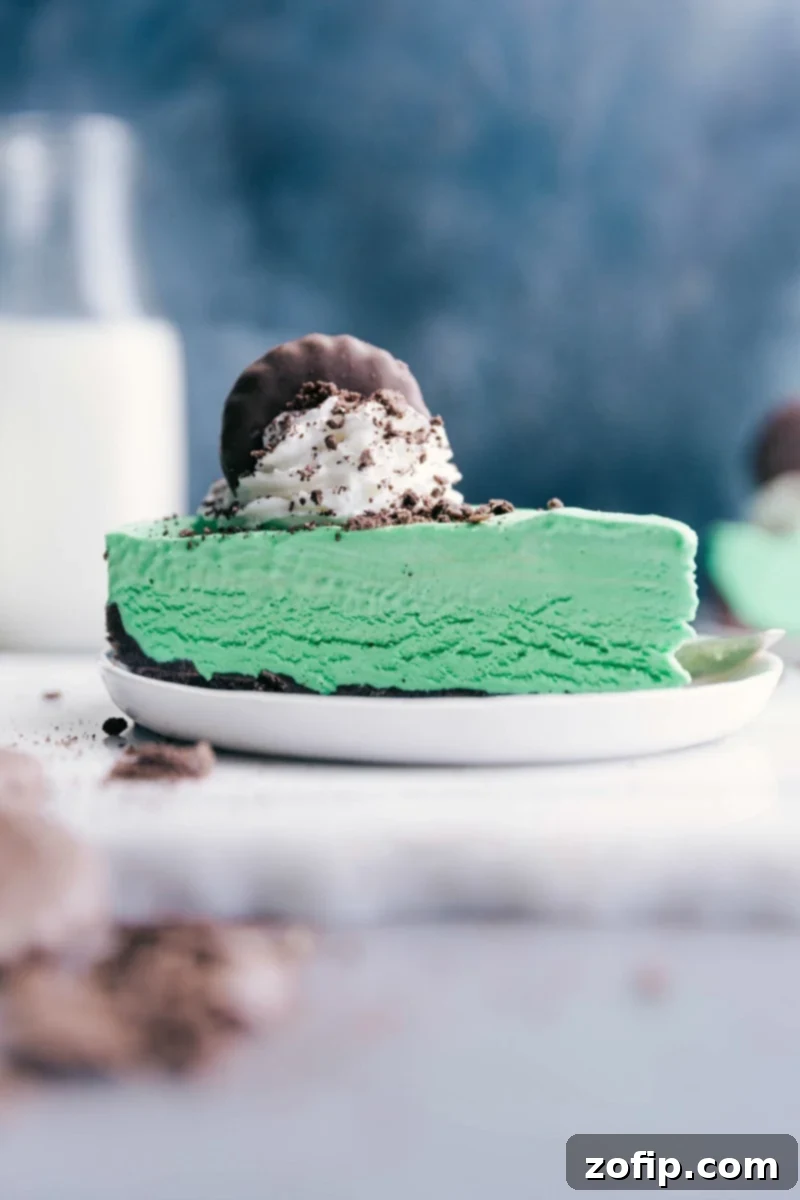 Irresistible Frozen Thin Mint Cheesecake with Whipped Cream and Cookie Topping Decadent Thin Mint Cheesecake with Whipped Cream and Cookie Garnish, Ready to Indulge
