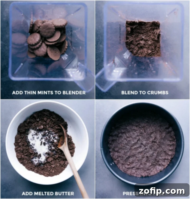 Crafting the Perfect Cheesecake Crust: From Crushed Cookies to Firmly Pressed Base Step-by-step image of Thin Mint cookies being crushed in a blender, then mixed with melted butter and pressed into a springform pan to form the cheesecake crust.