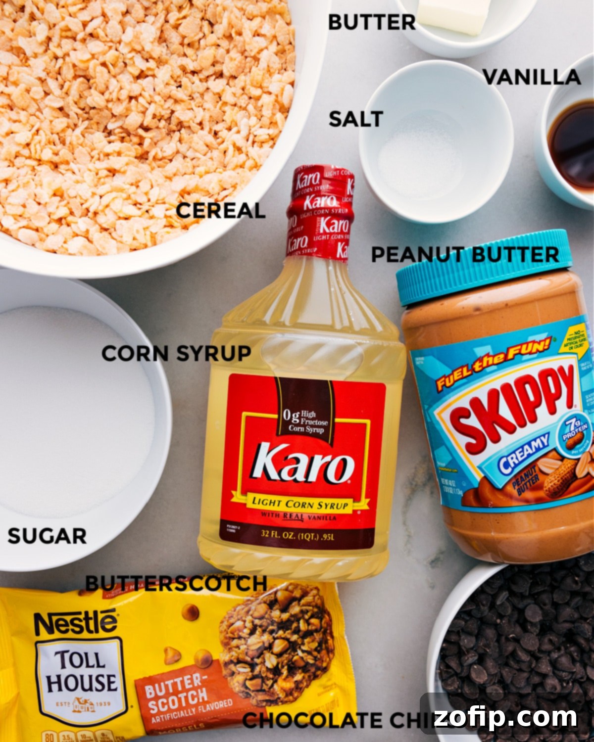 Key Ingredients for Delicious Scotcheroos Ingredients for Scotcheroos recipe laid out on a kitchen counter, prepped for easy assembly.
