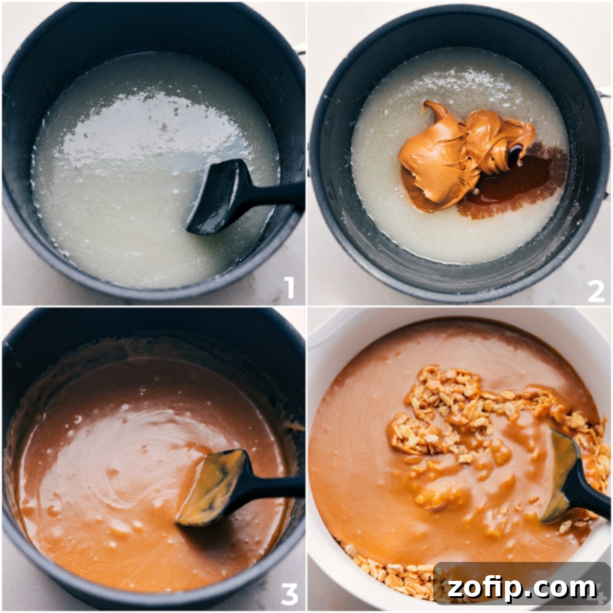 Mixing the Scotcheroos Base: Cereal and Peanut Butter Syrup Warm corn syrup, peanut butter, and vanilla mixture being poured over crispy cereal in a large bowl, ready to be folded.