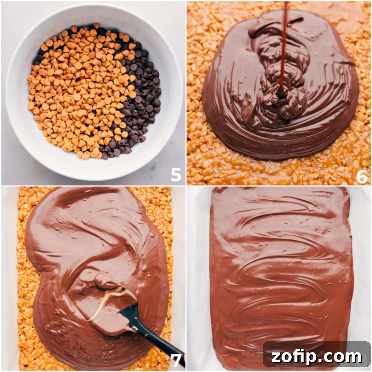 Decadent Chocolate Butterscotch Topping for Scotcheroos Melted butterscotch and chocolate chips being poured over the prepared Scotcheroos base, ready to be spread into a smooth topping.