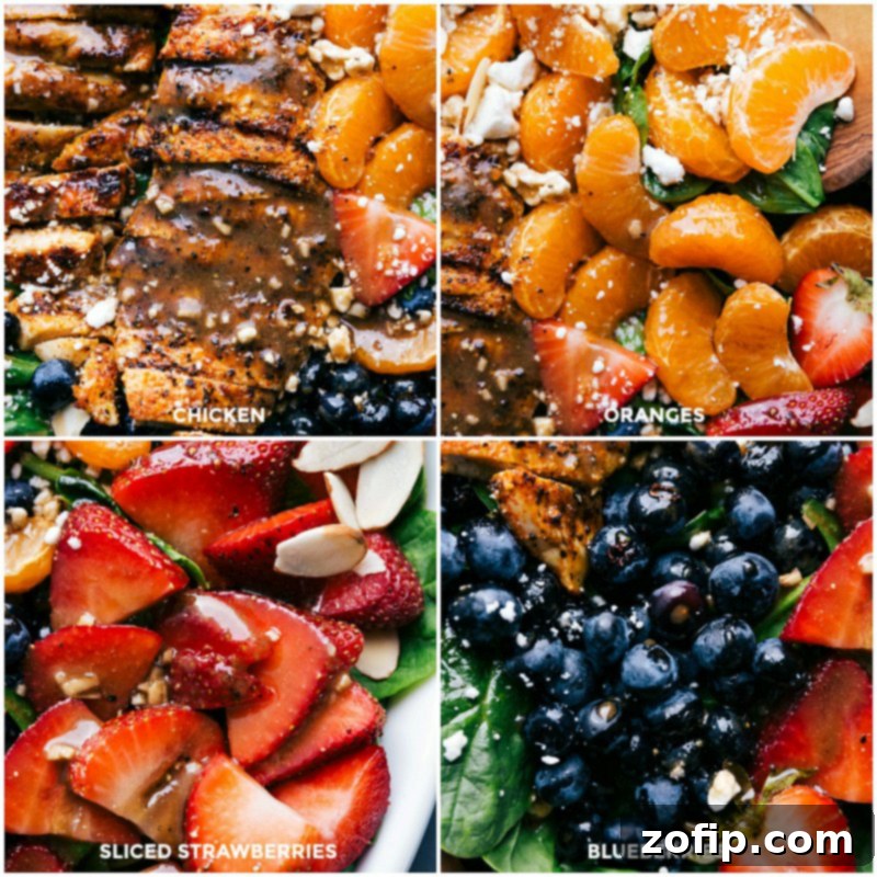 Detailing the Salad: Close-Up Shots of Dressed Chicken, Oranges, Strawberries, and Blueberries Detailed view of the Chicken Spinach Salad ingredients: sliced chicken, oranges, strawberries, and blueberries, all glistening with dressing.