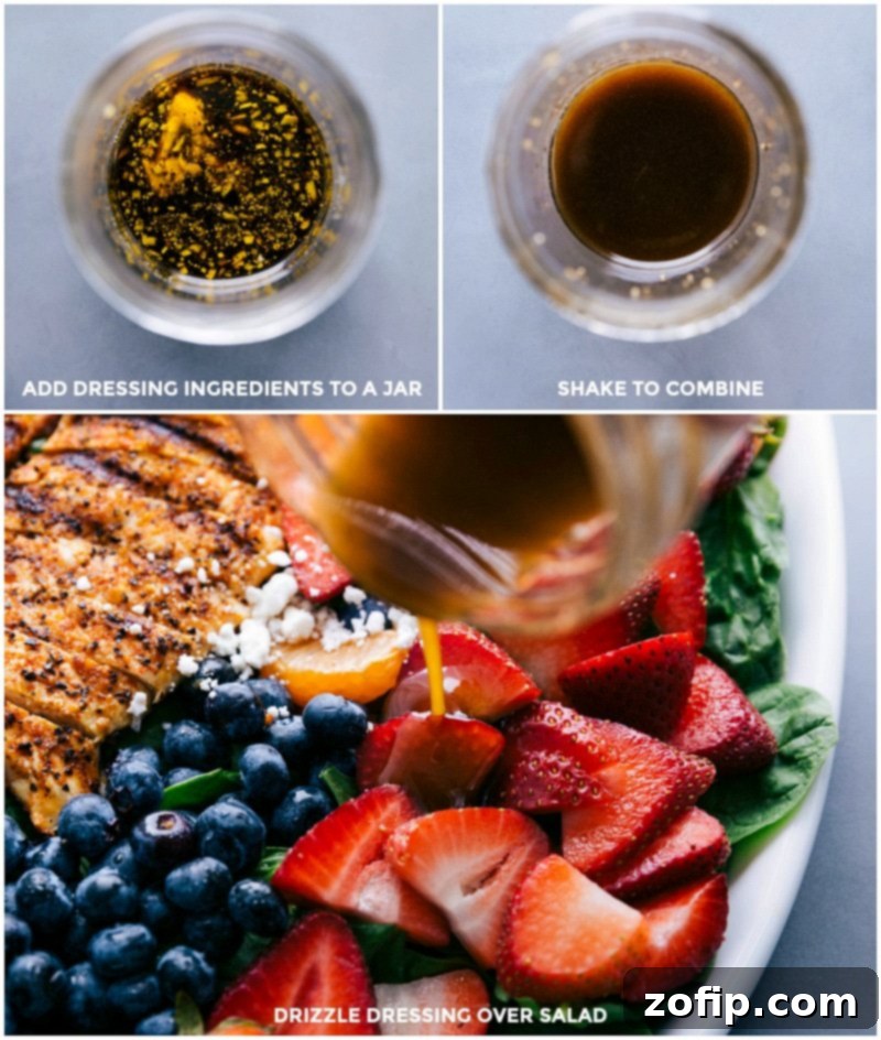 Crafting Balsamic Vinaigrette: From Jar Mixing to Salad Drizzling Ingredients for balsamic vinaigrette being added to a jar, then shaken to combine, and finally drizzled over fresh fruit and greens for the salad.