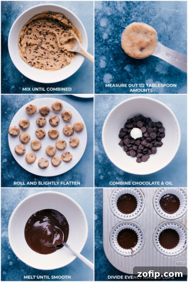 Process of layering melted chocolate and edible cookie dough in mini muffin cups for Cookie Dough Cups