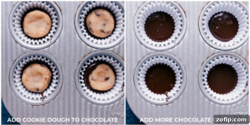 Detailed process of layering chocolate and edible cookie dough within mini muffin cups