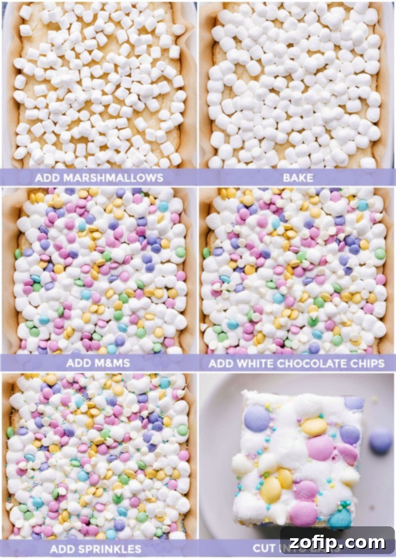 The process of adding marshmallows, M&M's, and white chocolate chips as toppings to the baked cookie base, transforming it into colorful confetti bars.
