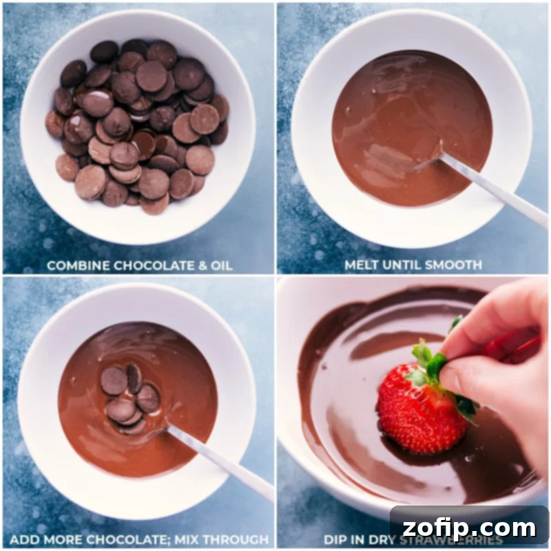 Step-by-step process of melting chocolate and dipping fresh strawberries, demonstrating the smooth coating process.