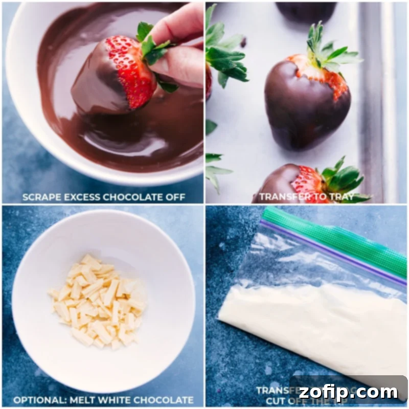 Detailed process of dipping strawberries in melted chocolate and preparing white chocolate for elegant drizzling.