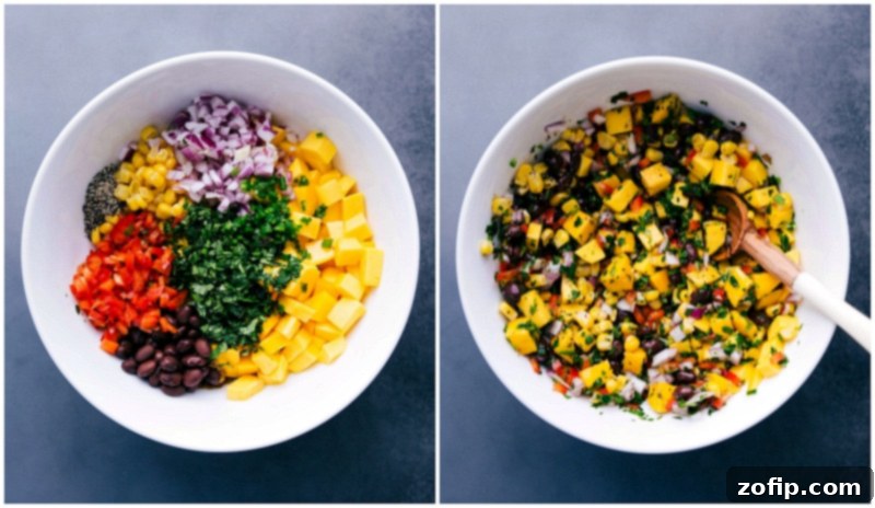 Combining all the fresh ingredients for mango black bean salsa in a bowl and mixing them together.