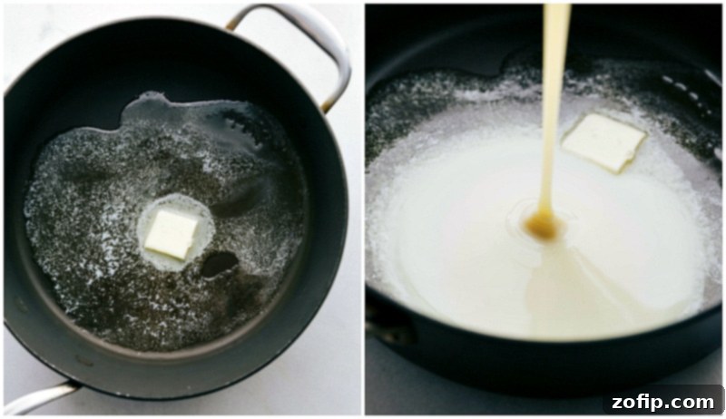 Beginning the Brigadeiro magic: butter and condensed milk merging. Melting the butter and adding in the sweetened condensed milk to make Brigadeiros, showing the initial cooking stage.