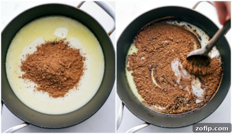 Fudgy Brigadeiros in the making: cocoa powder added to the rich base. Adding cocoa to the butter and condensed milk; stirring to combine the Brigadeiro mixture.