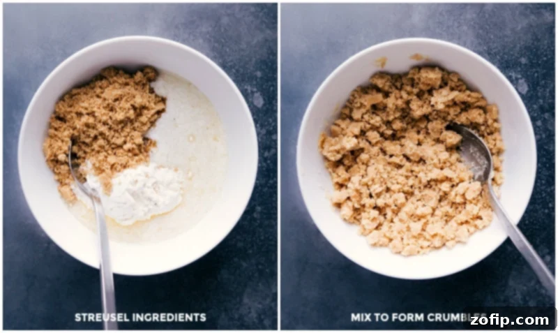 Before and after images of streusel topping being mixed, showing the crumbly texture.