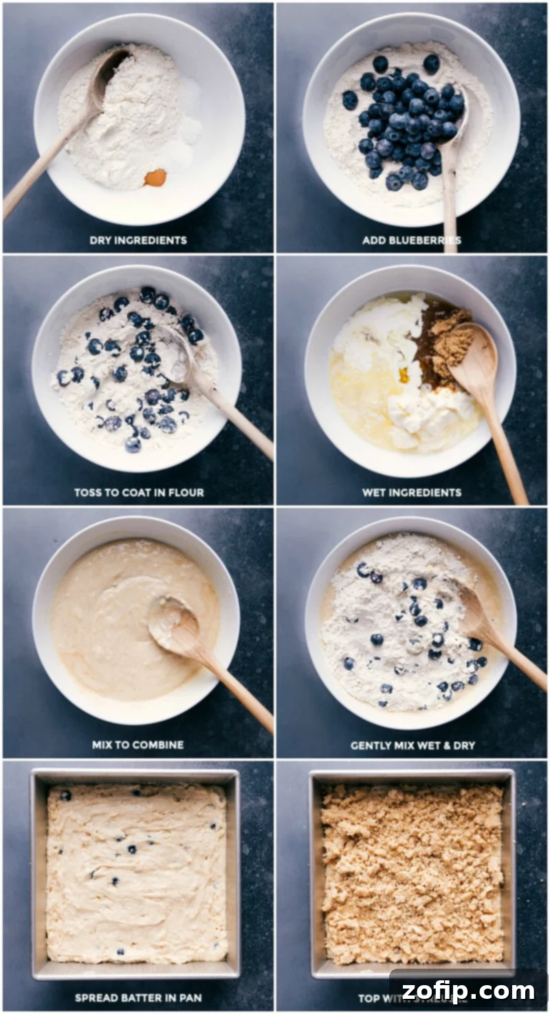 A collage of step-by-step images showing the process of making blueberry coffee cake, from mixing ingredients to layering the streusel.