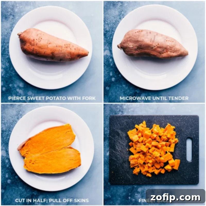 Process shots: piercing sweet potato, microwaving until tender, cutting in half, pulling off skins, and dicing finely.