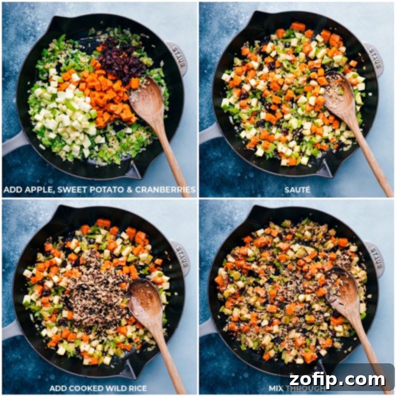 Process shots: ingredients in the pan, adding cooked wild rice, mixing well, and simmering.