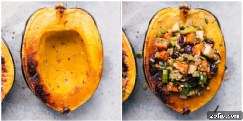 Process shots: roasted acorn squash halves and squash filled with stuffing.