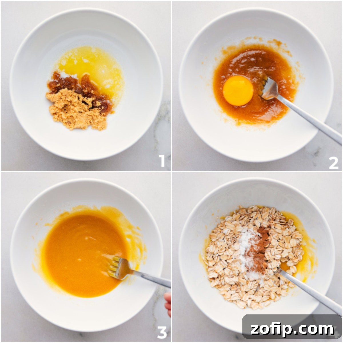 Best Small Batch Oatmeal Cookies The wet ingredients being mixed with the oats for these Small Batch Oatmeal Cookies.