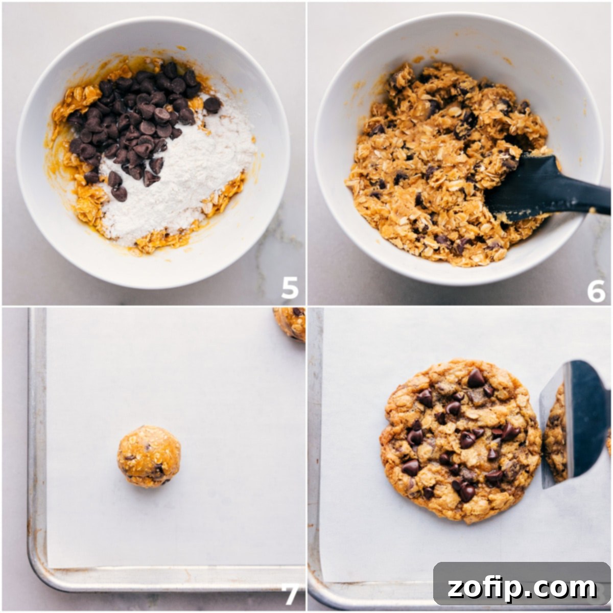How To Make Small Batch Chocolate Chip Cookies Chocolate chips and flour being added to the dough and it being rolled into balls and baked.