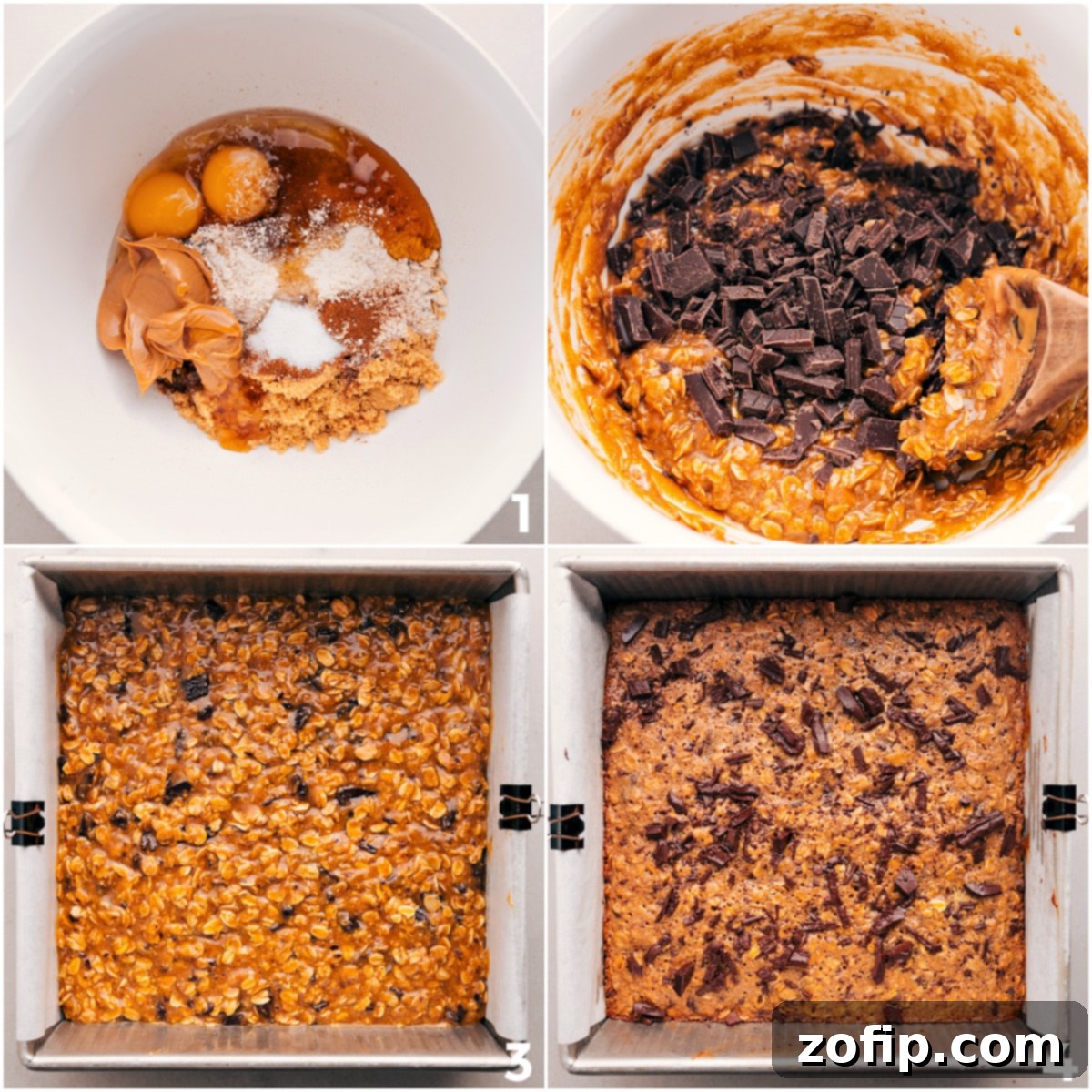 Simple Steps To Homemade Oatmeal Breakfast Bars A visual progression of making oatmeal breakfast bars: ingredients mixed in a bowl, batter spread evenly in a baking pan, and finally, golden-brown baked bars.