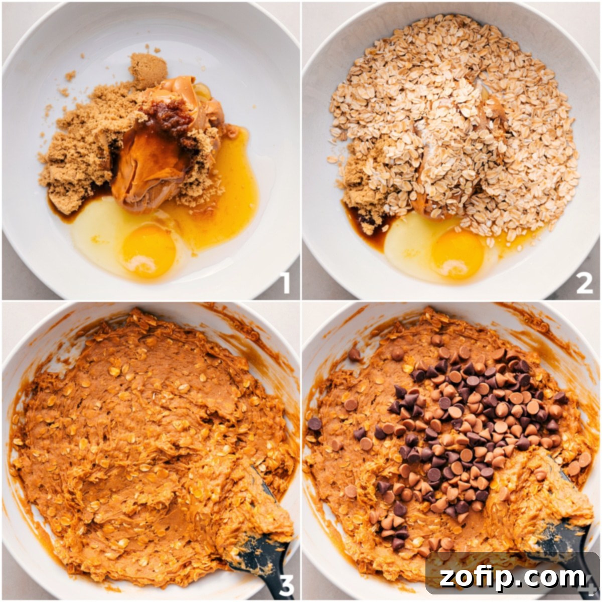 Mixing the Dough for Easy Breakfast Cookies All the dry and wet ingredients for healthy breakfast cookies perfectly mixed together in a single bowl, showcasing the thick, uniform dough consistency.