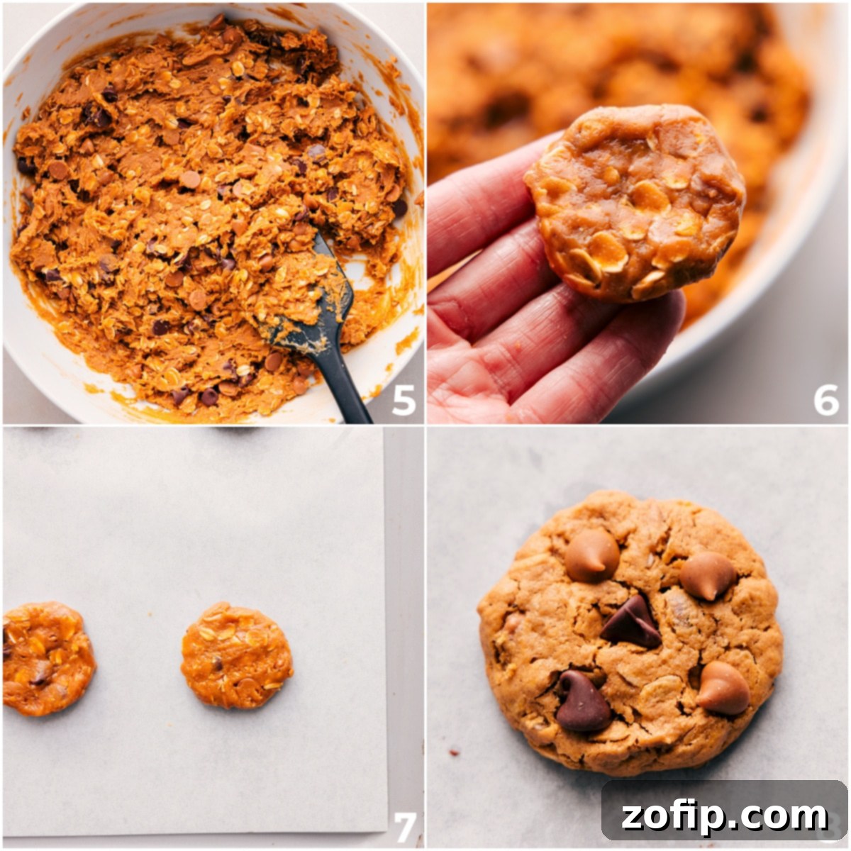 Shaping the Dough for Breakfast Cookies The prepared dough for healthy breakfast cookies being rolled into small, uniform discs and arranged on a baking sheet, ready for the oven.
