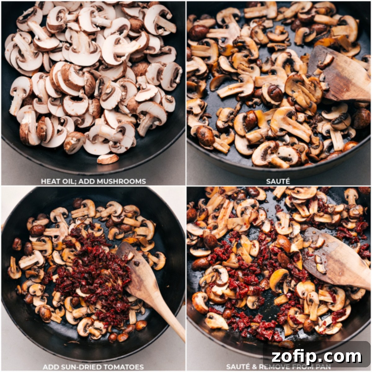 Sautéing Mushrooms and Sun-Dried Tomatoes to Perfection Mushrooms and sun-dried tomatoes being sautéed in a pan over heat, turning golden brown.