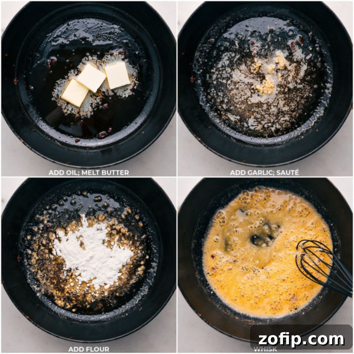 Melting Butter, Adding Flour, and Sautéing in Pan Butter melting in a hot pan, with garlic and flour added, being sautéed until fragrant and golden.