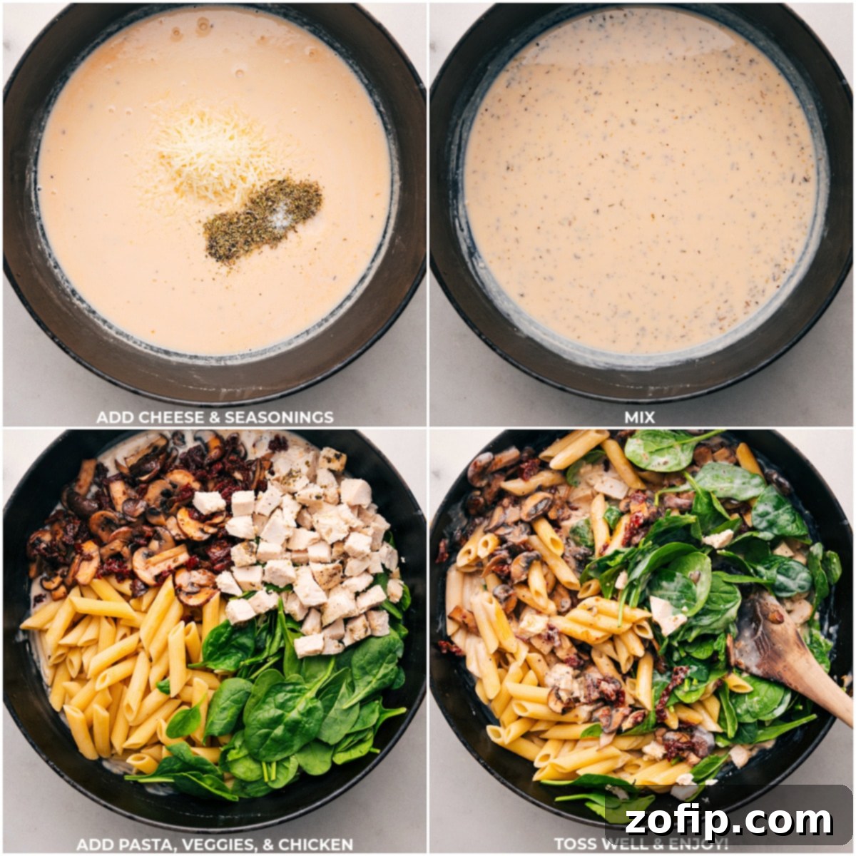 Combining Cheese, Seasonings, Pasta, Veggies, and Chicken in a Hearty Mix Cheese and seasonings stirred into a creamy mixture, with pasta, vegetables, and chicken added, all stirred together and ready to serve.