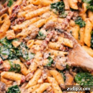 Creamy Chicken Penne Pasta 2 Creamy Chicken Penne Pasta with mushrooms, spinach, and sun-dried tomatoes