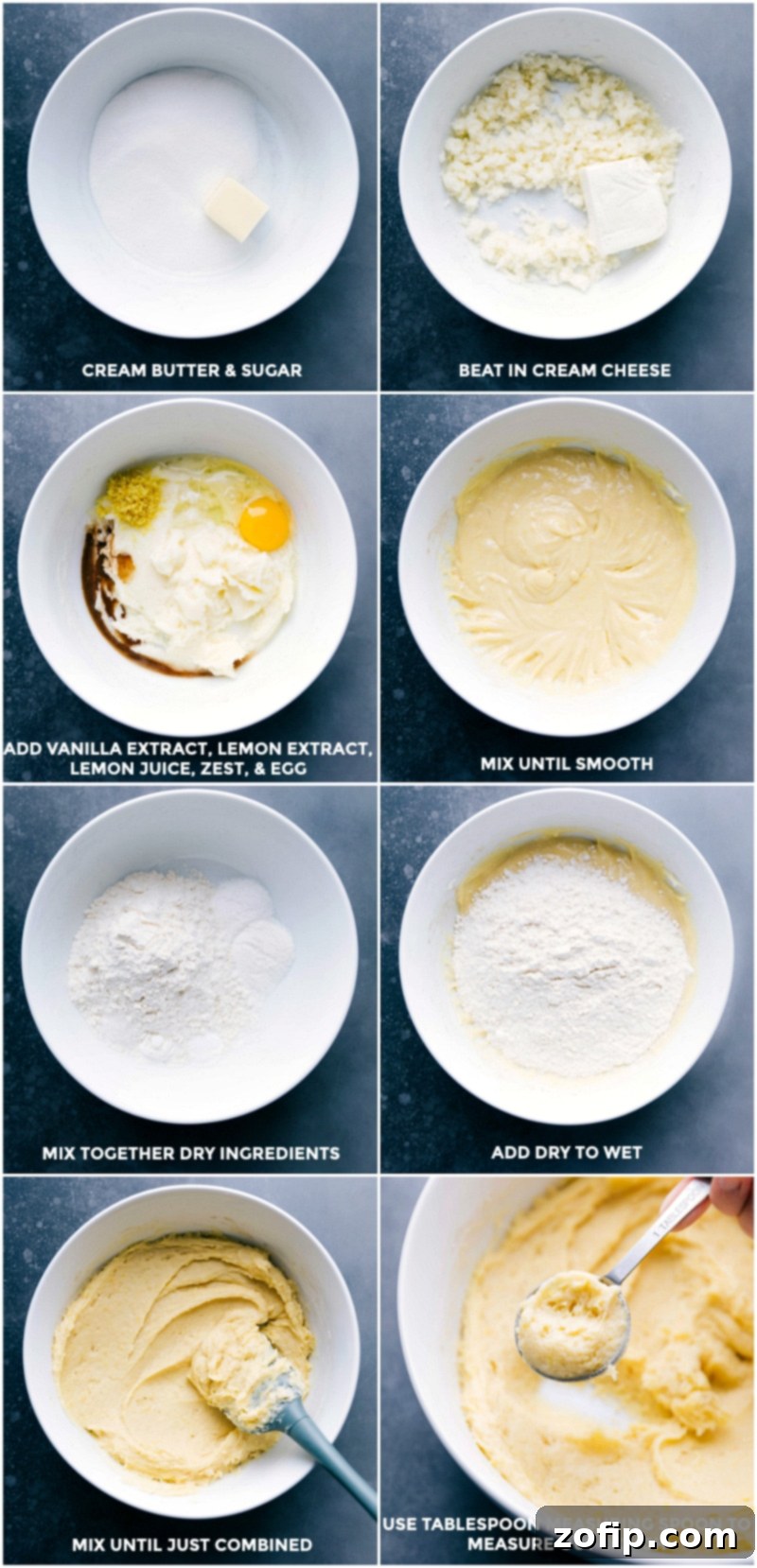 A visual guide showing the process of making lemon cheesecake cookies: creaming butter and sugar, beating in cream cheese, adding vanilla, lemon zest, and egg, mixing until smooth, combining dry ingredients, adding to wet ingredients, and measuring out the dough with a tablespoon for consistent sizing.