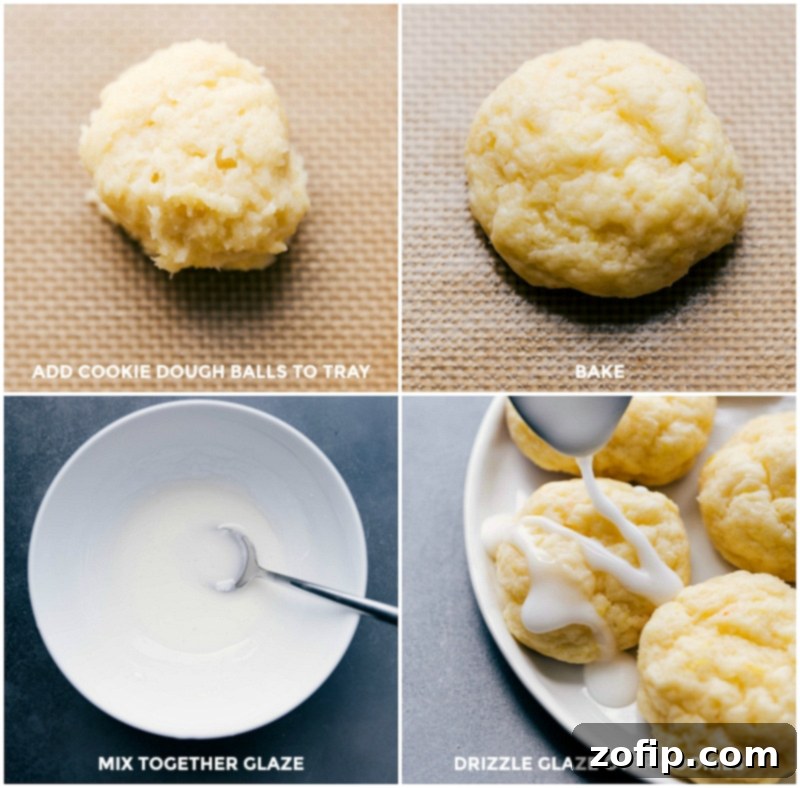 The baking process of lemon cheesecake cookies: neatly arranged cookie dough balls on a baking tray, golden-brown baked cookies cooling on a wire rack, and finally, a close-up of the delicious lemon glaze being drizzled over the cooled cookies.