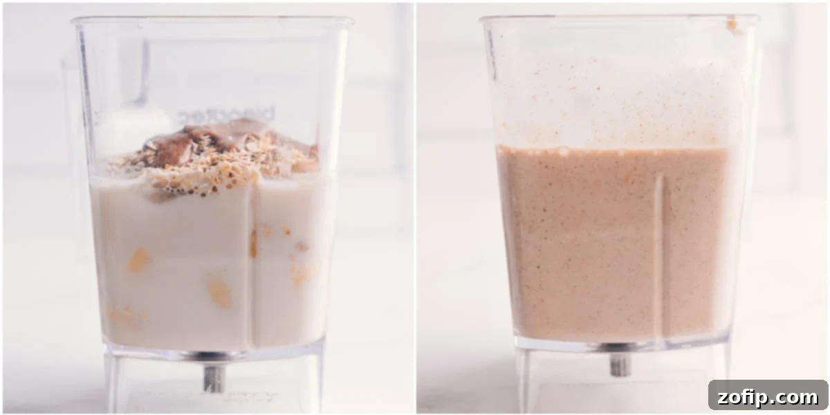 All the oatmeal smoothie ingredients combined in a high-speed blender, ready to be transformed into a smooth, delicious, and nutritious drink.