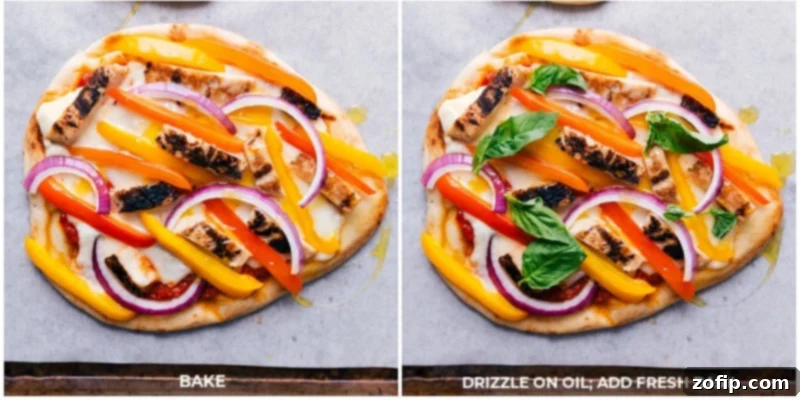 A flatbread pizza, fully topped and baked until golden brown, with cheese bubbling and vegetables tender-crisp.