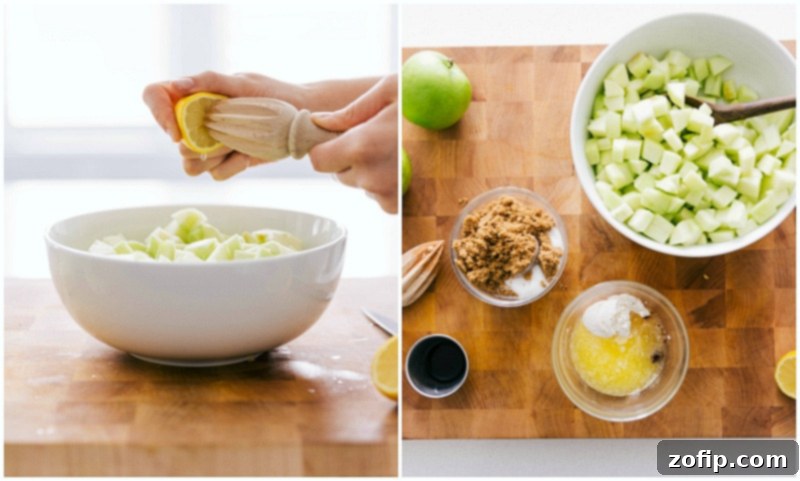 Diced Granny Smith apples tossed with sugar, lemon juice, and spices, ready for the turnover filling.