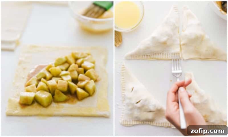 Close-up of an apple turnover, showing the apple filling neatly encased in the puff pastry before baking.