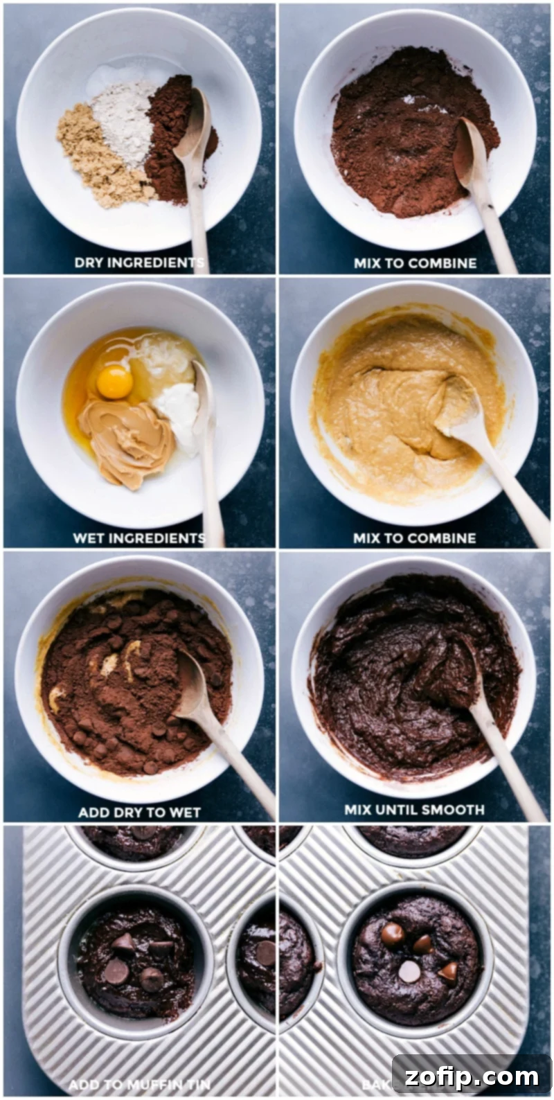 Combining the dry ingredients with the wet ingredients, then pouring the batter into prepared muffin tins, baking, and preparing to enjoy.