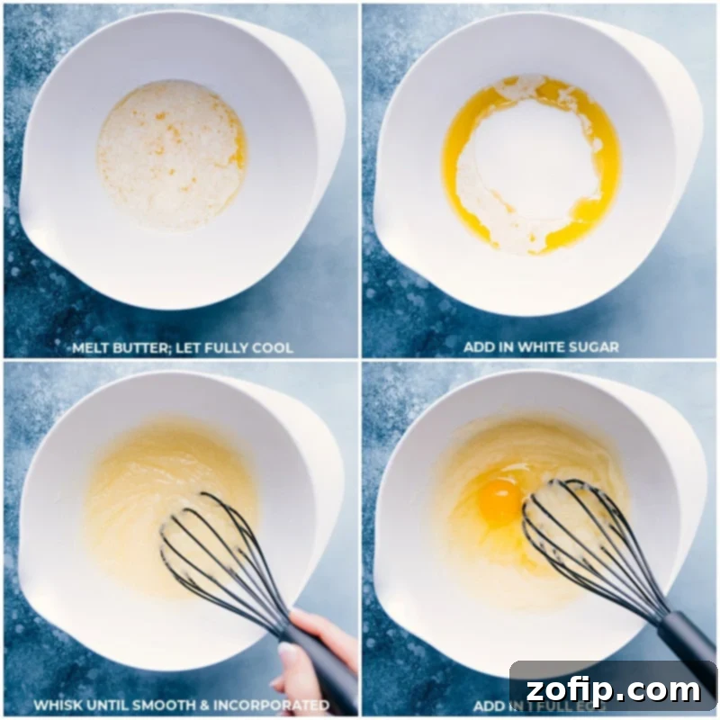 Soft, tender and chewy sugar cookie bars are piled high with a sweet buttercream frosting and loads of sprinkles! If you prefer, we've also included a tested cream cheese frosting as well! Recipe via ChelseasMessyApron #dessert #best #quick #easy #frosting #sprinkles #sugarcookie #bars Process shots showing melted butter, sugar, and eggs being combined in a mixing bowl for the sugar cookie bar batter