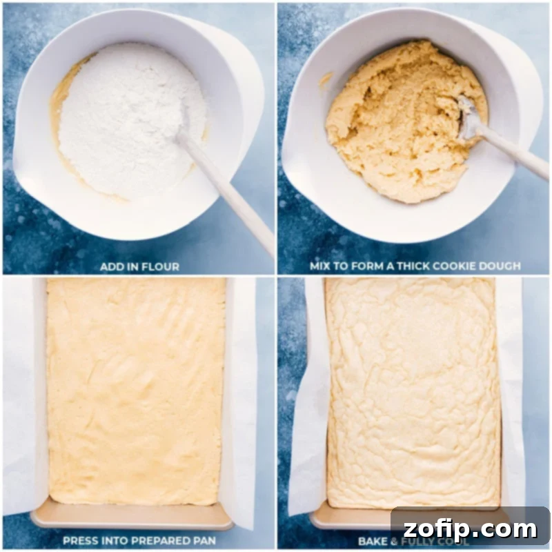 6554b800-cfe2-4c68-96c1-94c3eab9ff46 Process shots showing flour being added to the mixture, dough pressed into the prepared pan, and the sugar cookie bars baking in the oven