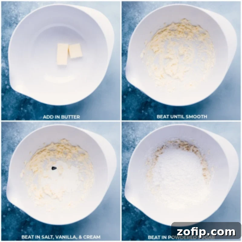 Soft, tender, and chewy sugar cookie bars! If you prefer cream cheese frosting, we've also included a tested cream cheese frosting as well! Recipe via ChelseasMessyApron #dessert #best #quick #easy #frosting #sprinkles #sugarcookie #bars Process shots showing the preparation of creamy buttercream frosting for the sugar cookie bars