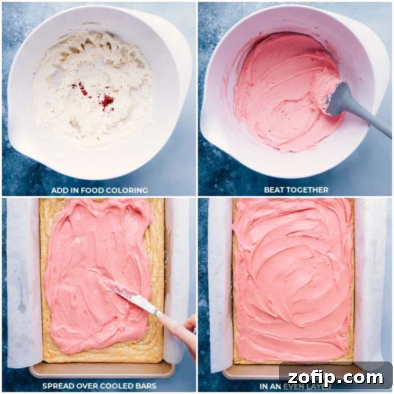 Soft, tender, and chewy sugar cookie bars piled high with a sweet buttercream frosting! If you prefer cream cheese frosting, we've also included a tested cream cheese frosting as well! Recipe via ChelseasMessyApron #dessert #best #quick #easy #frosting #sprinkles #sugarcookie #bars Process shots showing smooth buttercream frosting being spread evenly over the cooled sugar cookie bars