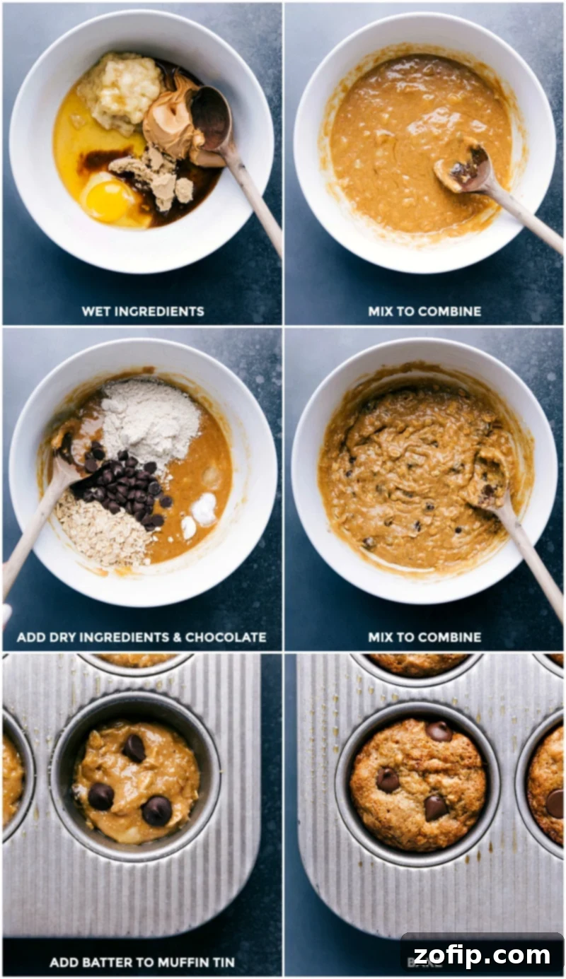 Wet ingredients being added to dry ingredients, mixed together, and then poured into prepared tins for baking.